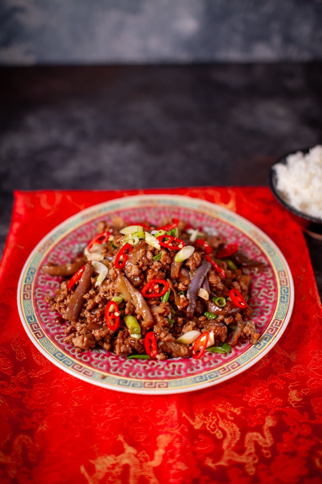Chinese Braised Aubergine and minced pork with garlic, soy and vinegar