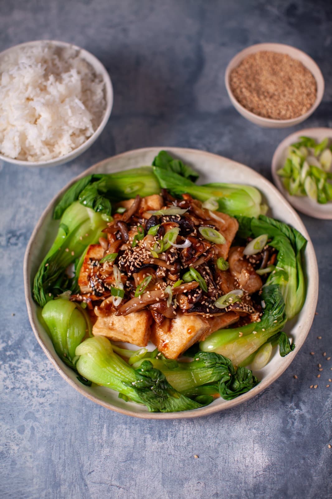 Crispy Tofu with Stir Fried Mixed mushrooms and Pak Choi