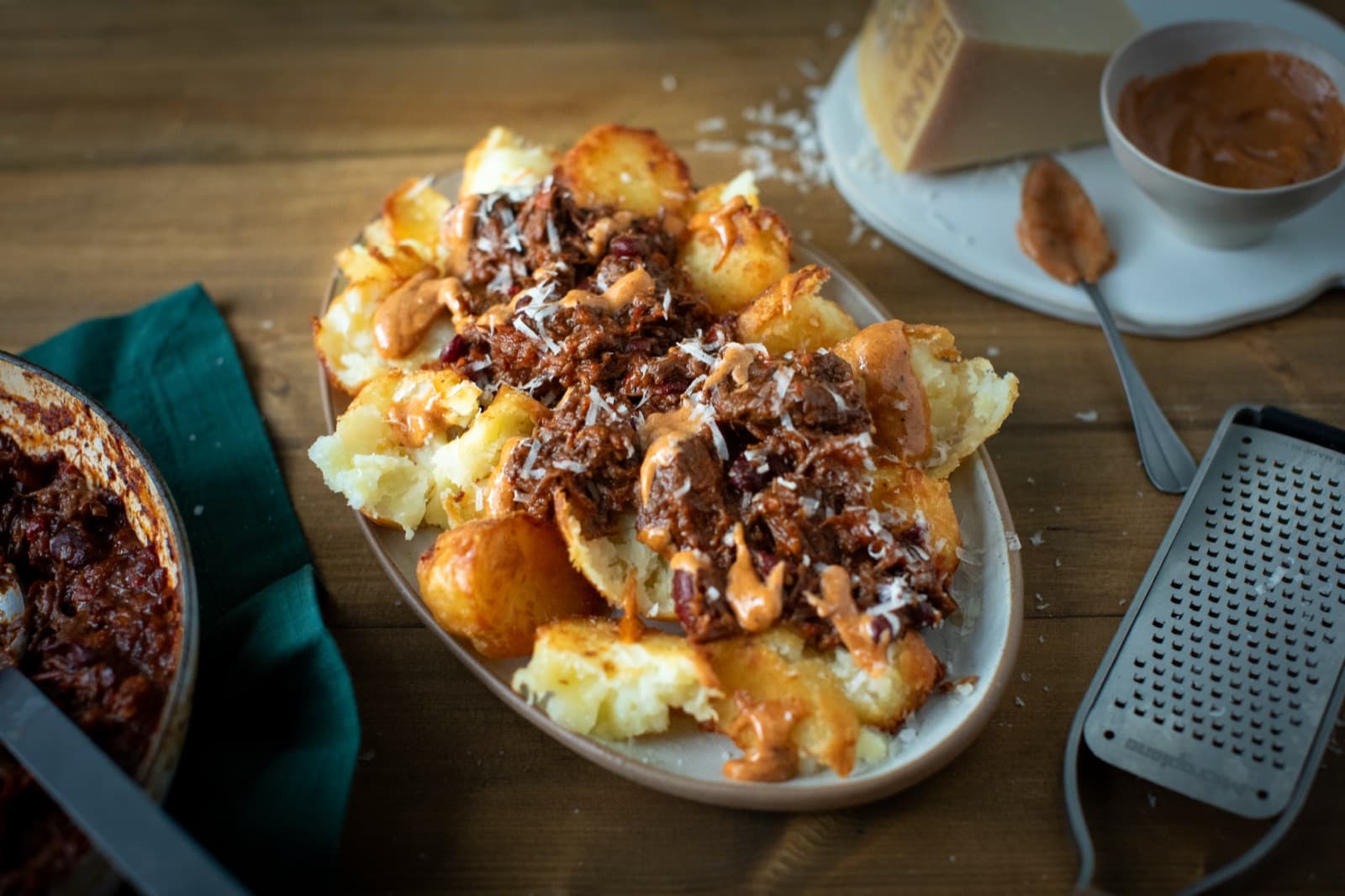 Braised chilli beef roasted potatoes with taco sauce