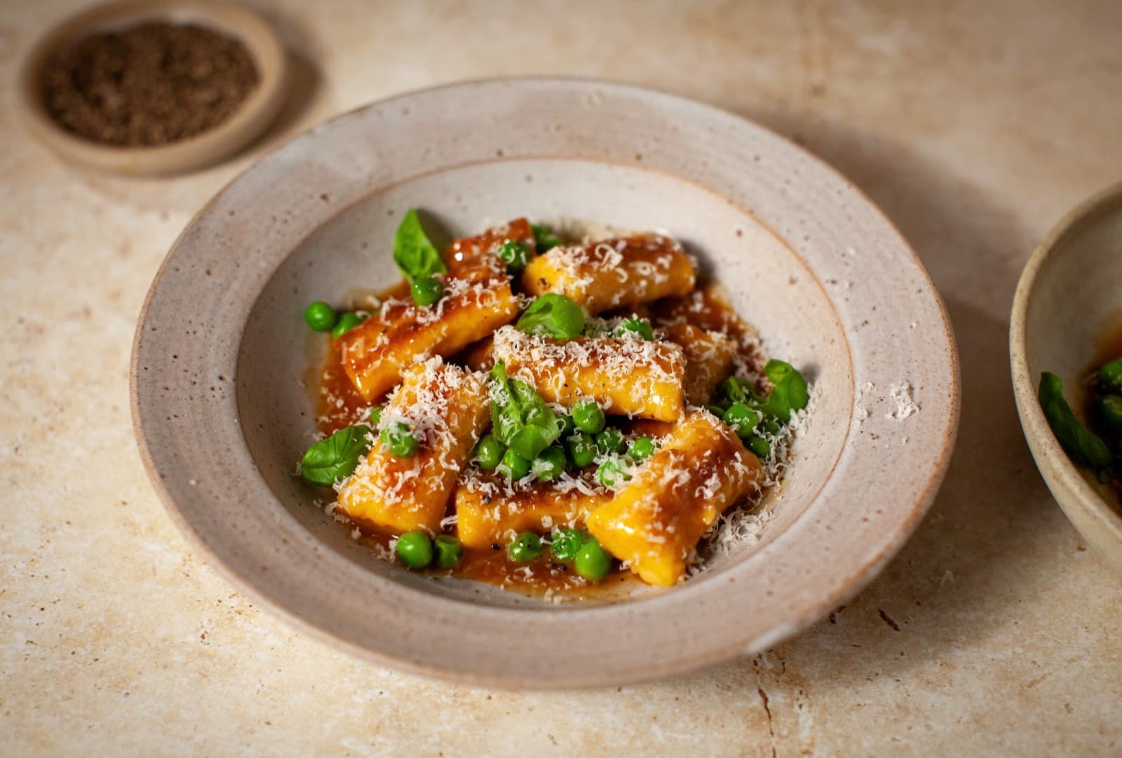 Gnocchi with basil, lemon and peas
