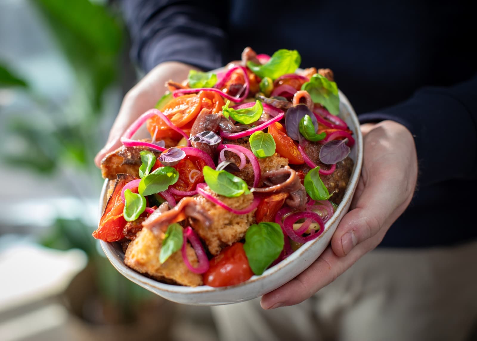 Panzanella salad with slow roast tomatoes and pickled red onion