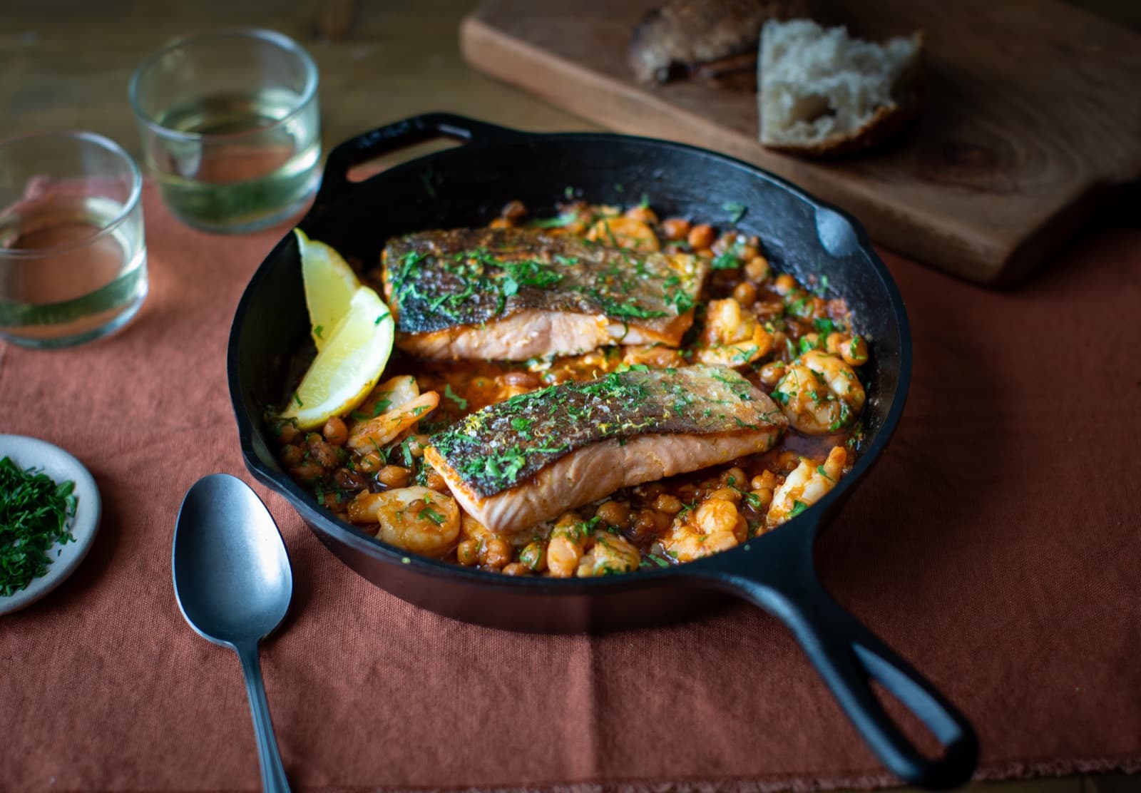 Roasted salmon with prawn and chickpeas ‘pil pil’