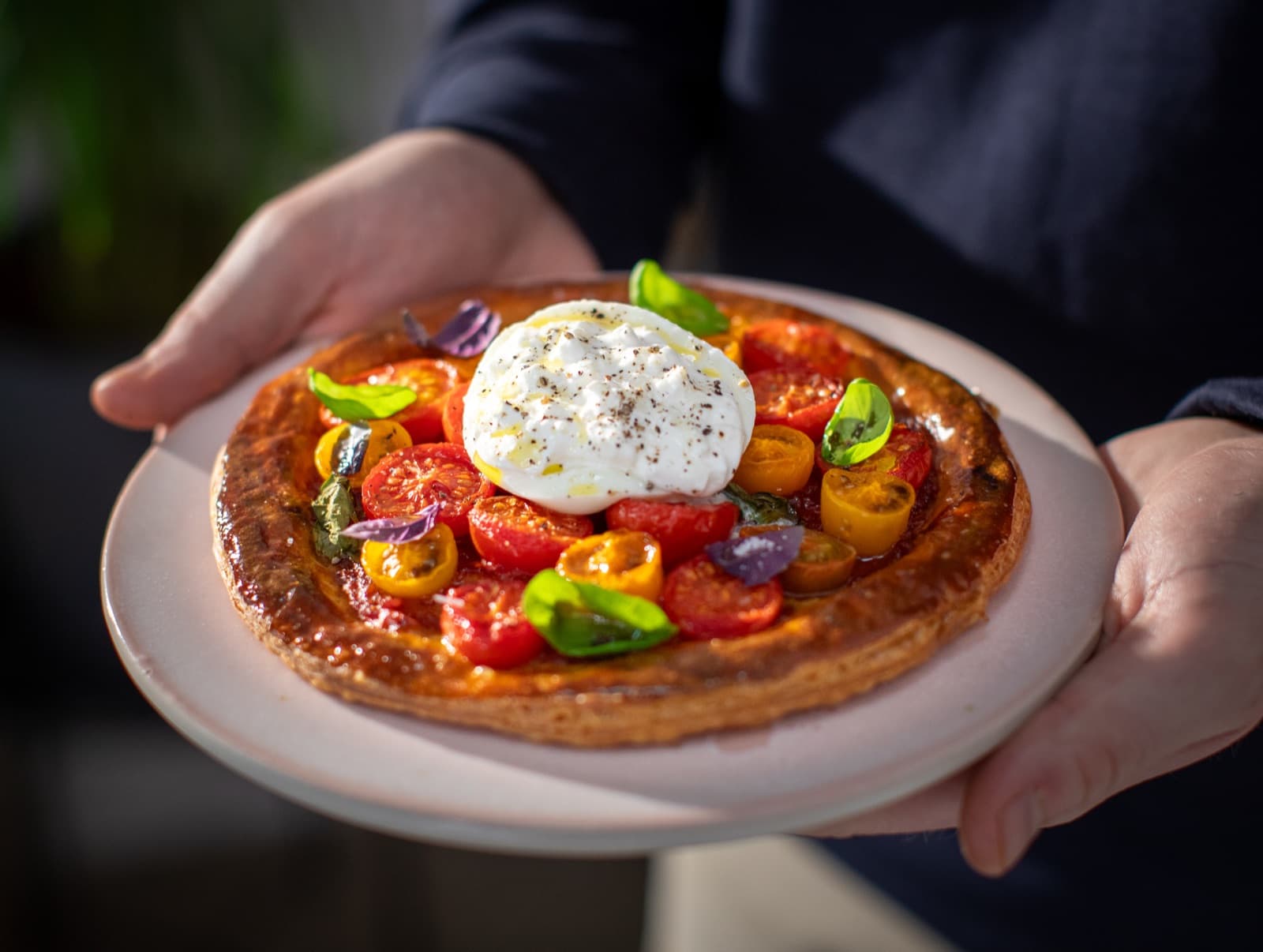 Slow roast tomato galette with burrata and basil