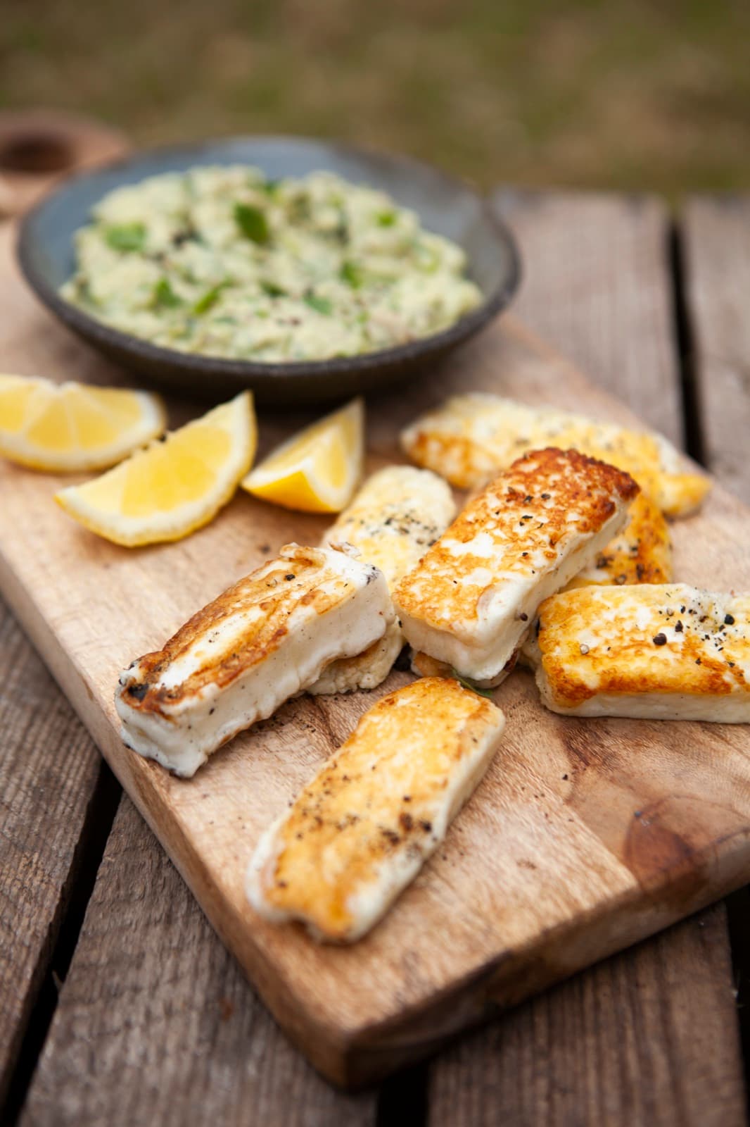 Grilled Halloumi with Avocado Dipping Sauce
