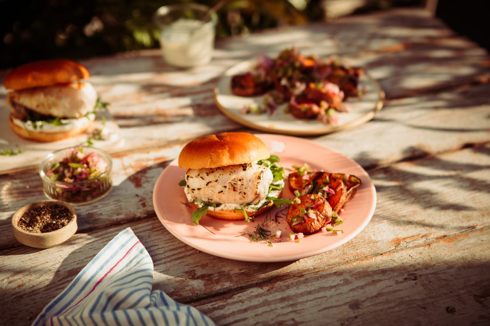 Grilled Monkfish Burger with Dill & Caper Sourcream