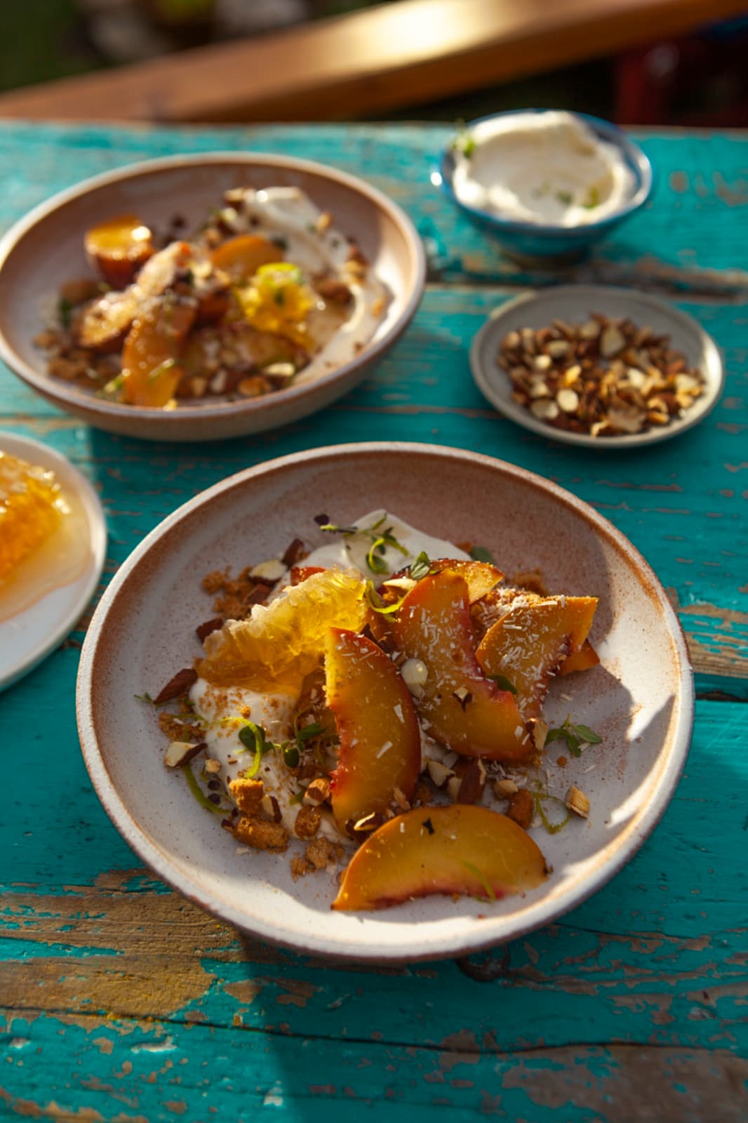 Grilled Peaches with Honey Thyme Mascarpone Cream