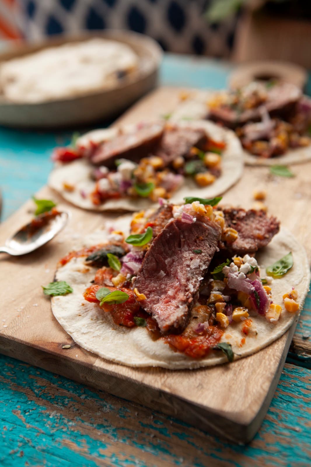 Grilled Steak Tacos with Roasted Hot Sauce and Charred Corn & Feta Salsa