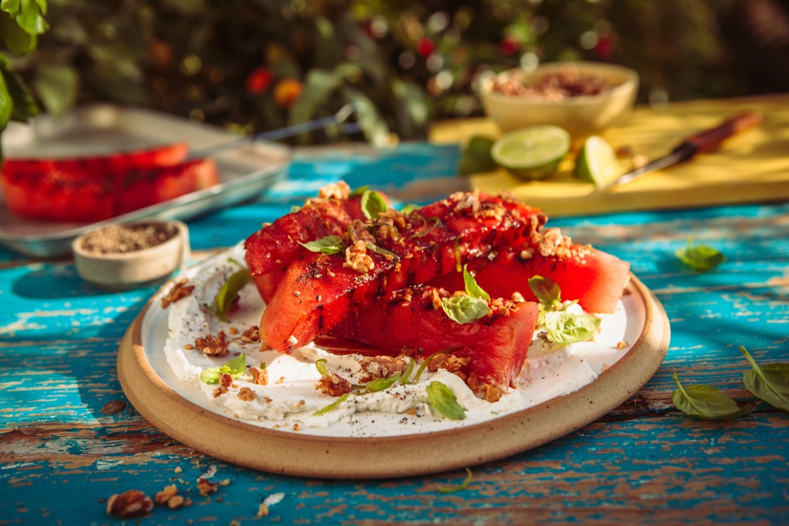 Grilled Watermelon with Goats Cheese & Basil