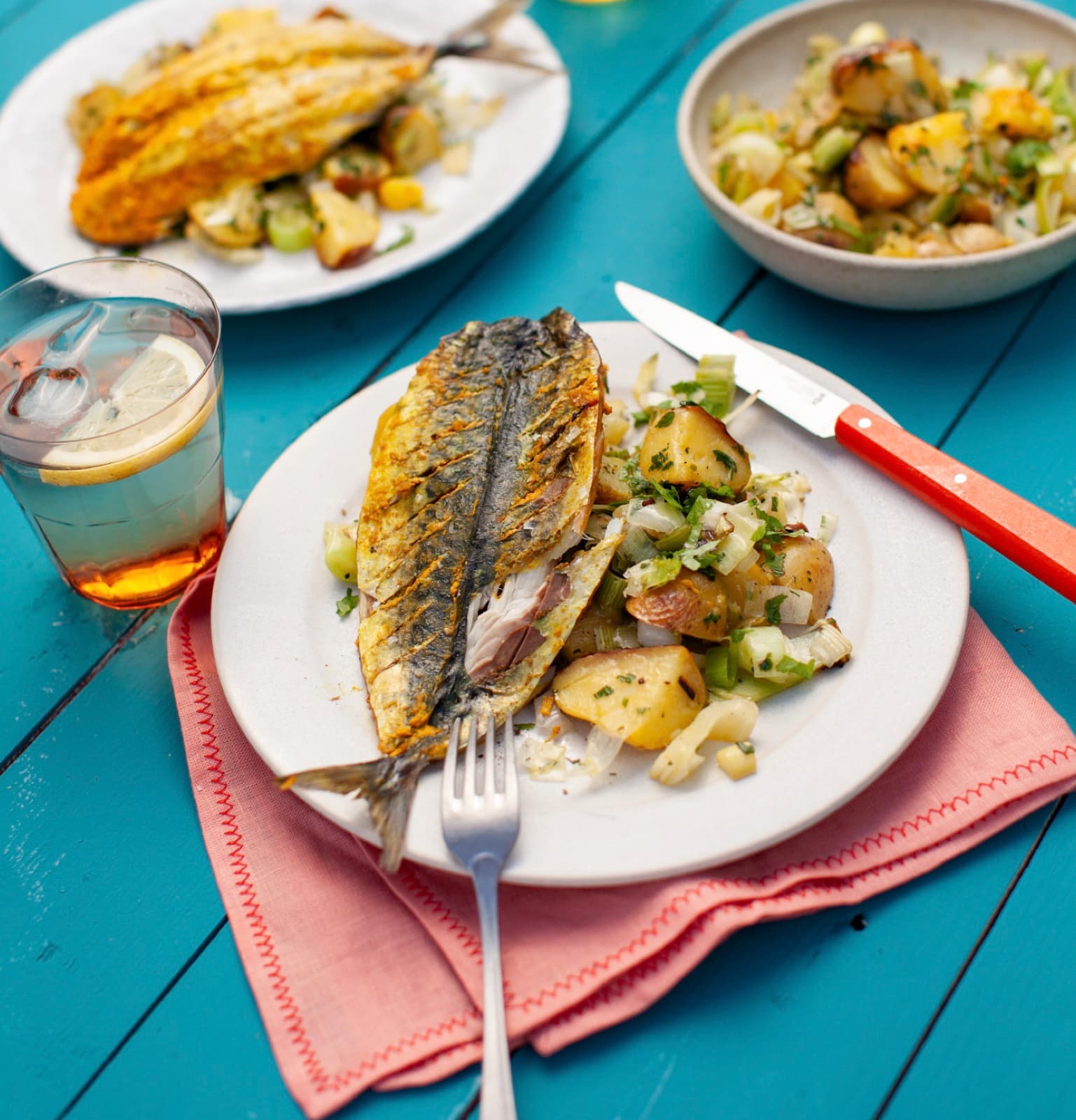 Lemongrass Grilled Mackerel with charred leek and baby potatoes