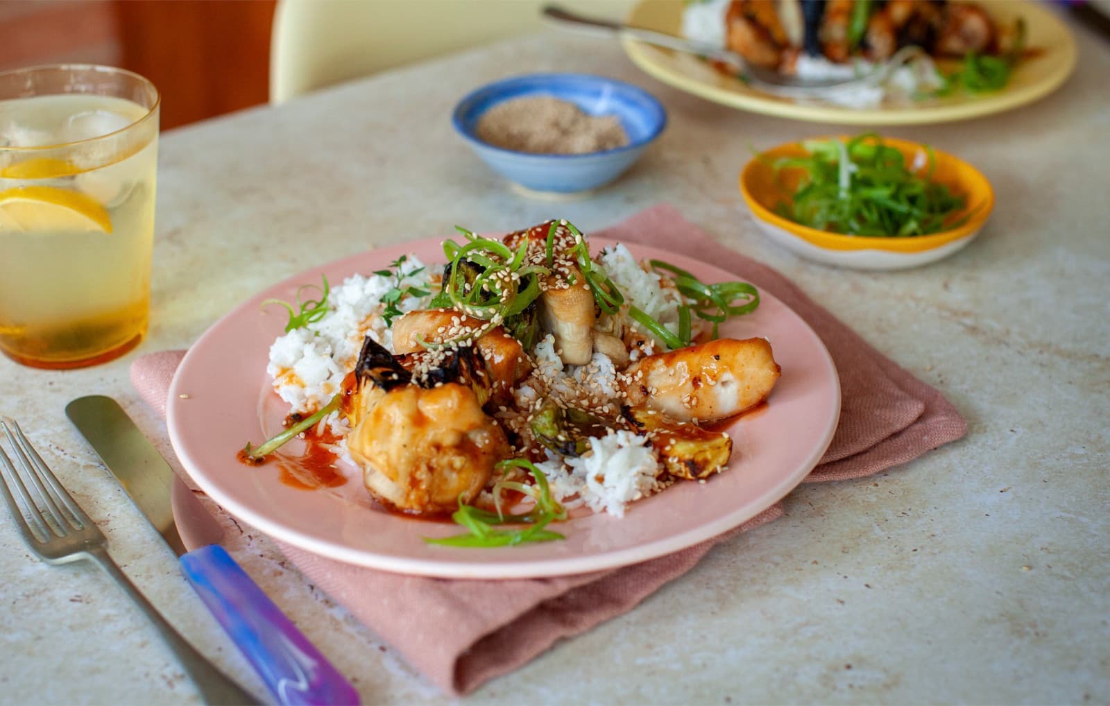 Sweet and Sour Chicken Kebabs with Coconut Rice