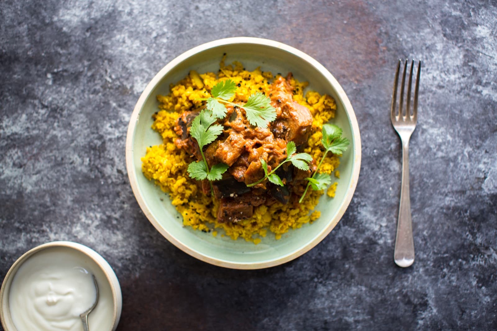 Aubergine Curry with Turmeric Cauliflower Rice
