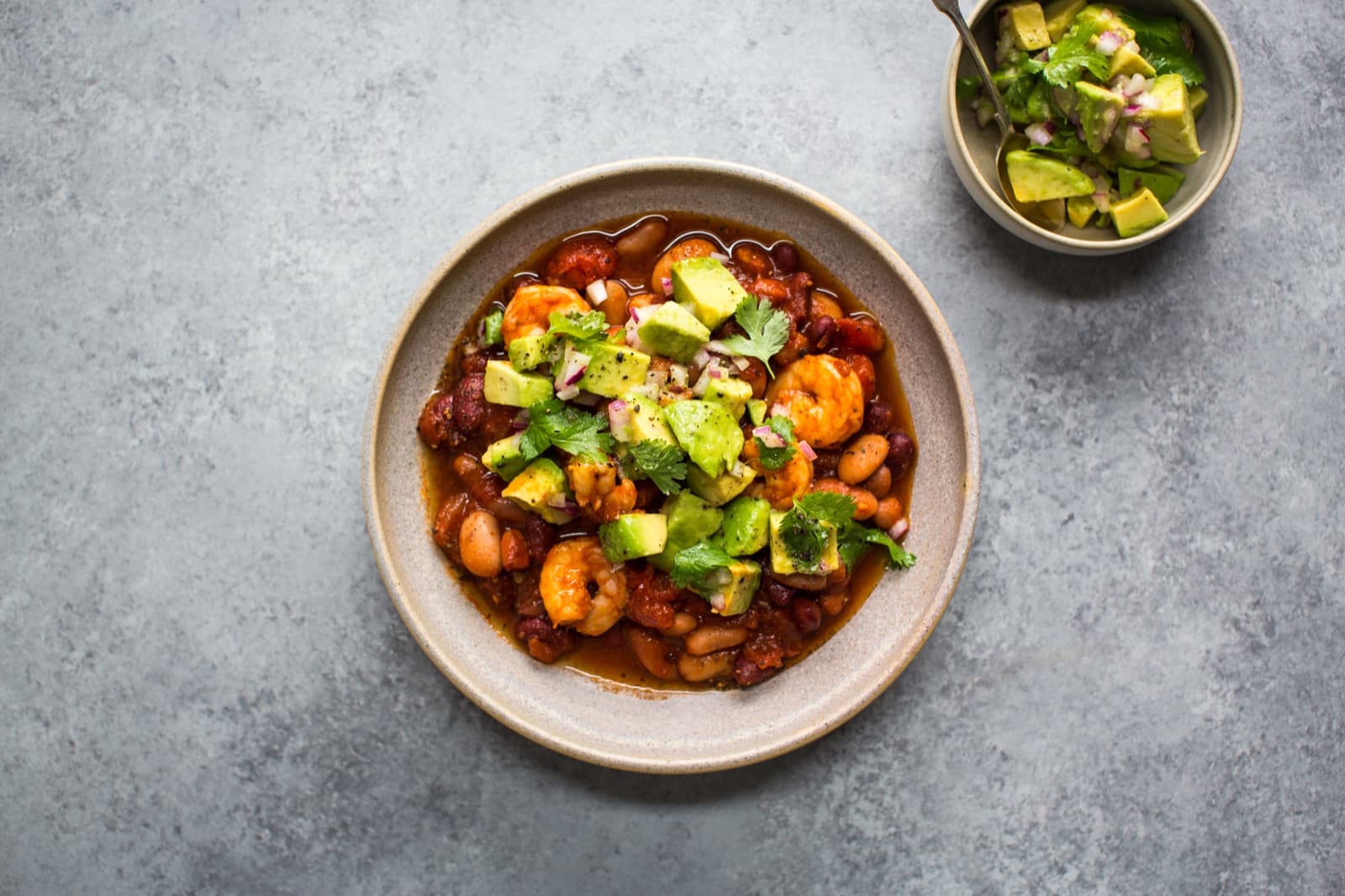 Spiced Prawns with Mexican Bean Stew & Avocado Salsa