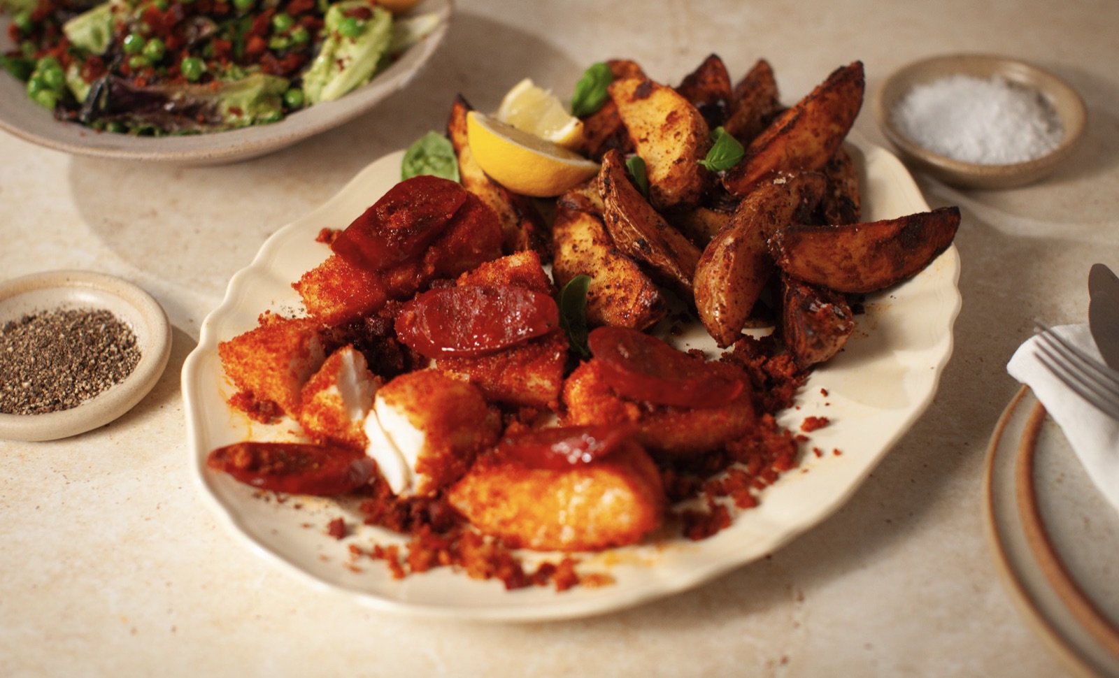 Chorizo-crusted cod tray bake with air-fryer wedges and green goddess dressed salad