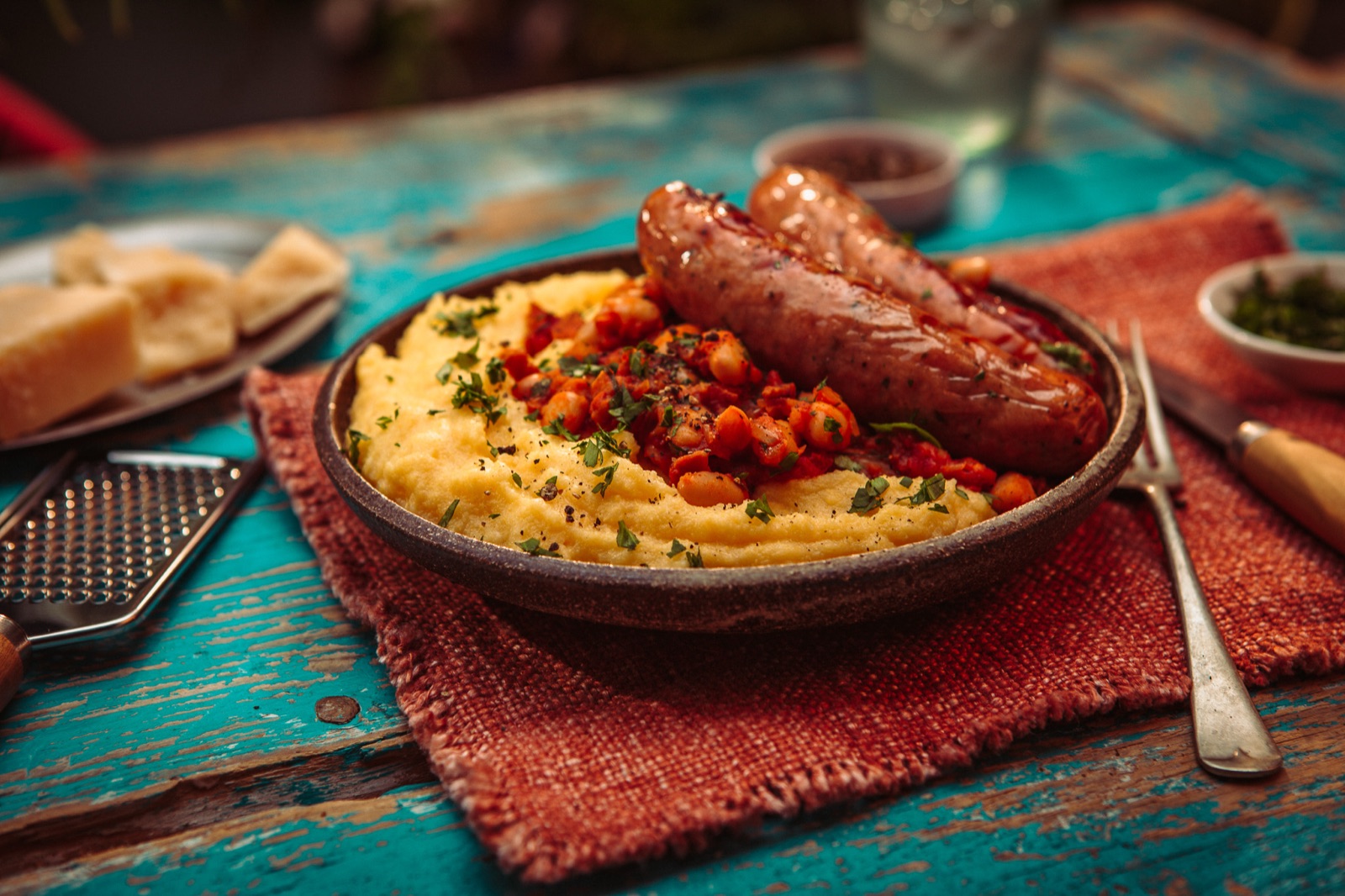 Grilled Sausage, Smoked Baked Beans & Cheesy Polenta